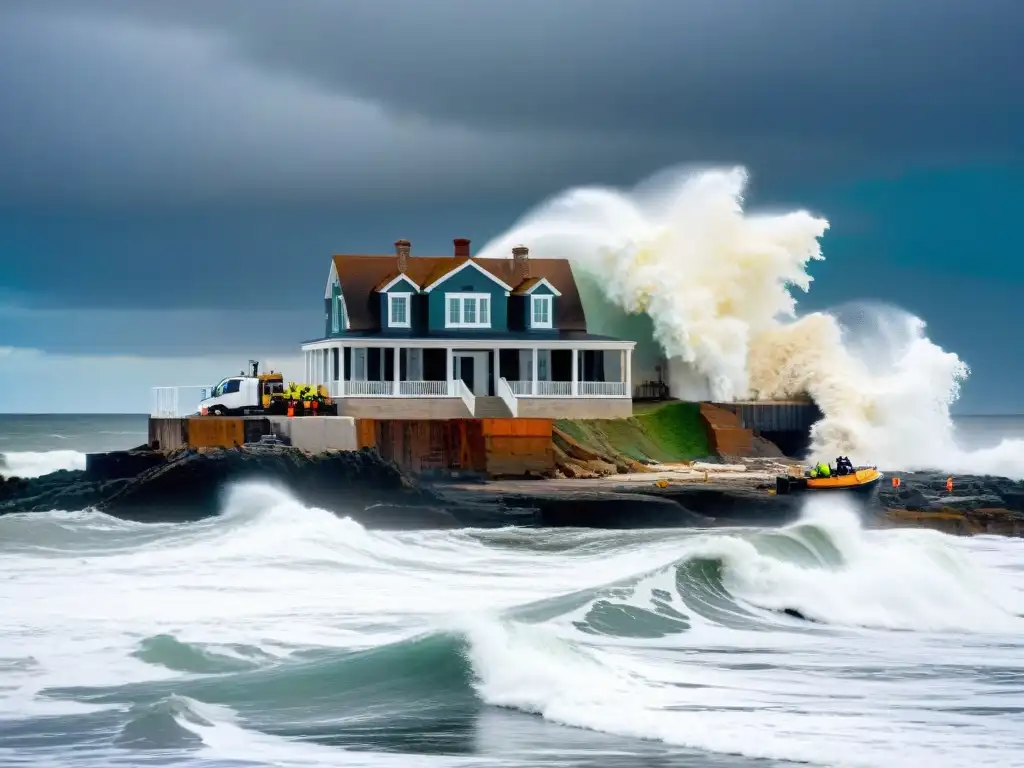 Restauración costera: equipo profesional trabajando en casa frente al mar Equipo restaurando una casa costera frente a olas turbulentas, mostrando desafíos climáticos en la restauración de hogares costeros