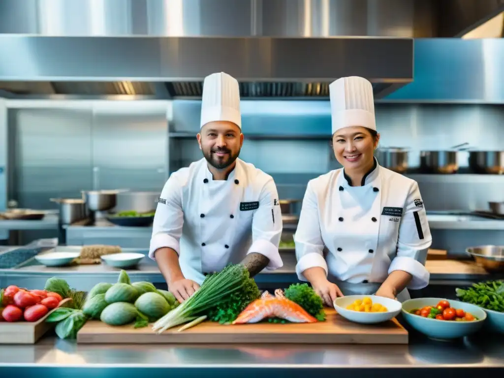 Cocina sostenible: Chef ecofriendly en acción Un equipo de chefs en una cocina de restaurante costero sostenible, creando platos ecofriendly con productos locales y mariscos frescos