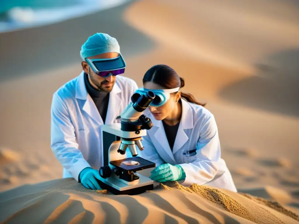 Exploración nanotecnológica en arena costera: científicos en acción Equipo de científicos analizando la arena costera bajo microscopio, demostrando su dedicación a la Nanotecnología en conservación costera