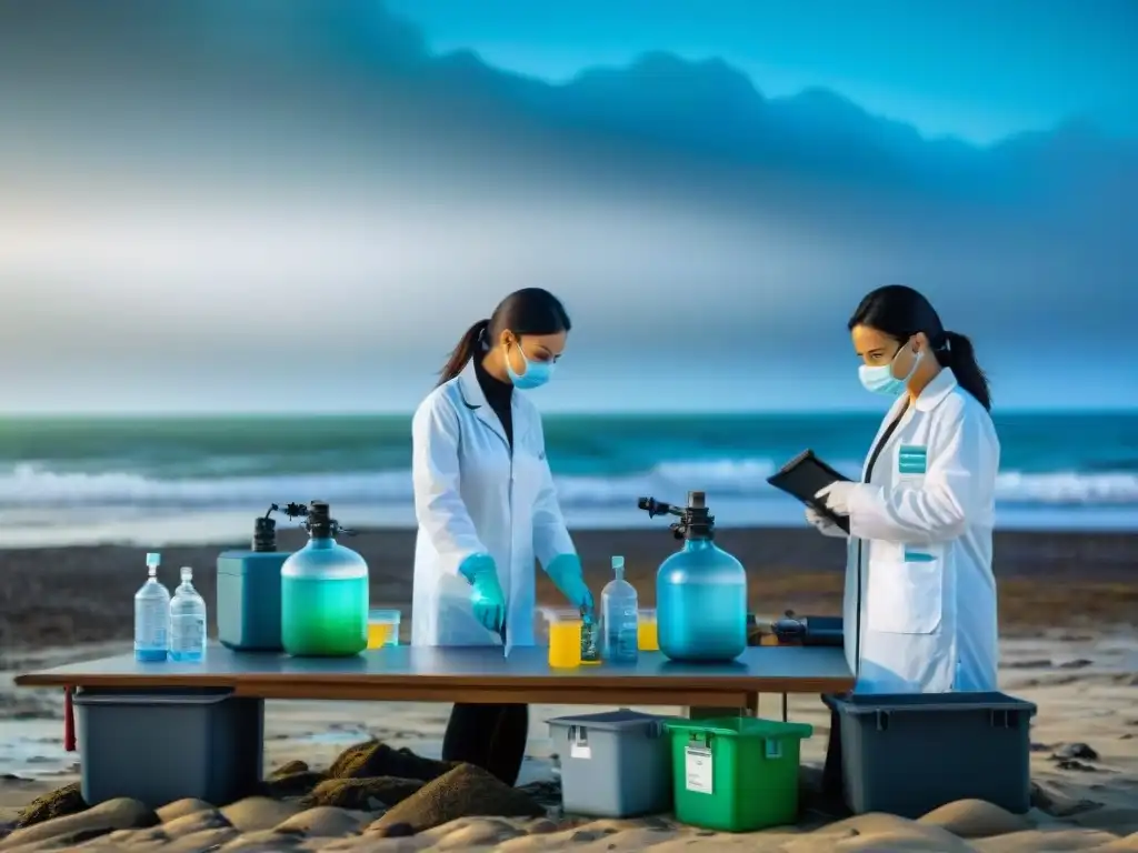 Equipo científico analiza calidad del agua en playa contaminada Equipo de científicos analizando la calidad del agua en una playa contaminada