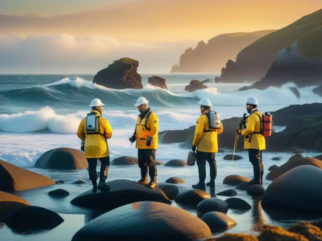 Equipo de científicos investigando en la costa al atardecer Equipo de científicos en acción, investigando en una costa escarpada al atardecer para la conservación costera cambio climático
