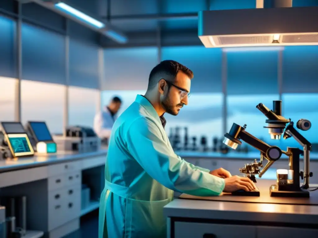 Equipo de científicos innovando en nanotecnología para conservación costera Equipo de científicos en laboratorio de nanotecnología para conservación costera