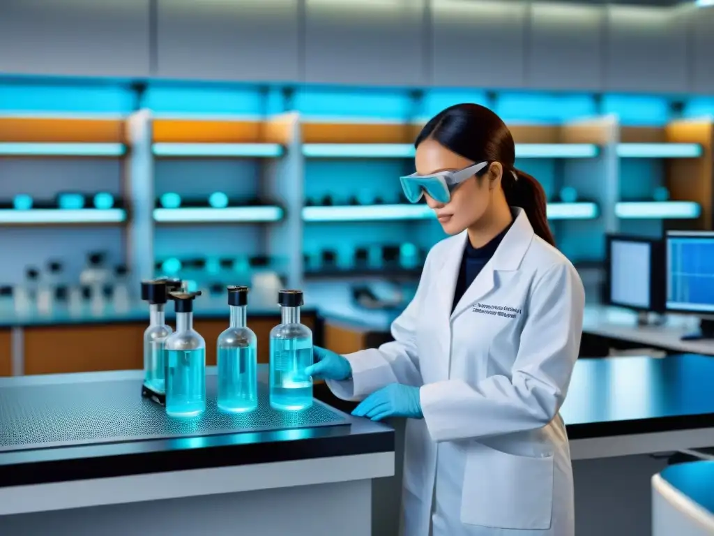 Investigación nanotecnológica para protección costera Un equipo de científicos en un laboratorio de vanguardia trabajando en nanotecnología para conservación costera