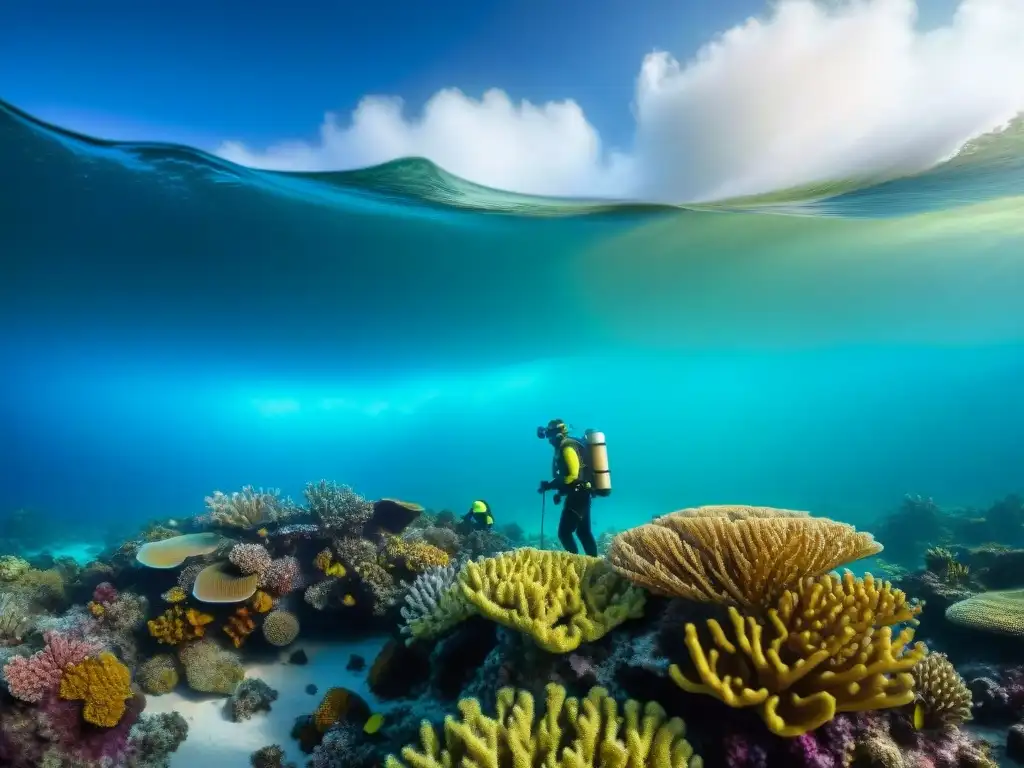 Equipo científico investigando arrecife de coral: vitalidad y compromiso Equipo de científicos en una vibrante barrera de coral, trabajando en conservación costera cambio climático