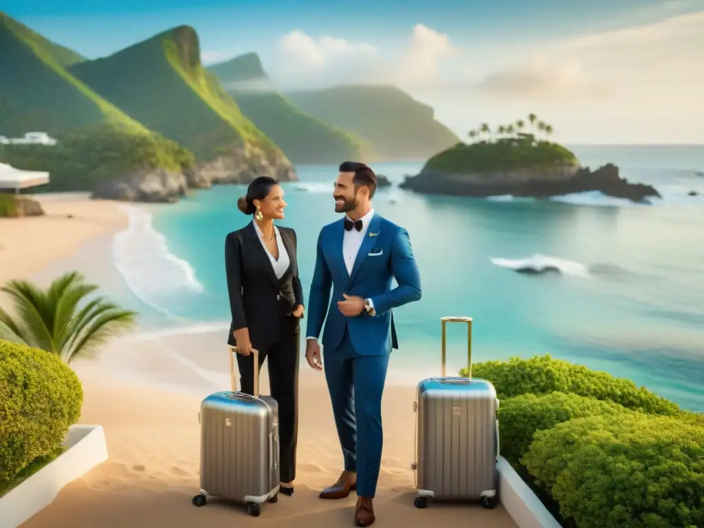 Atención de lujo en paraíso costero: Concierge en acción Un equipo de conserjes elegantes asiste a huéspedes en una propiedad costera de lujo, frente al mar brillante