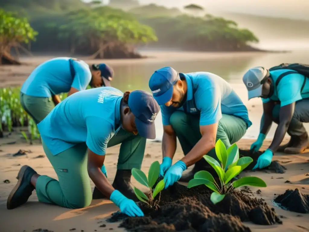 Plantación de manglares al amanecer: conservacionistas en acción Equipo de conservacionistas plantando mangles al amanecer en la costa, destacando la belleza y urgencia de la conservación costera