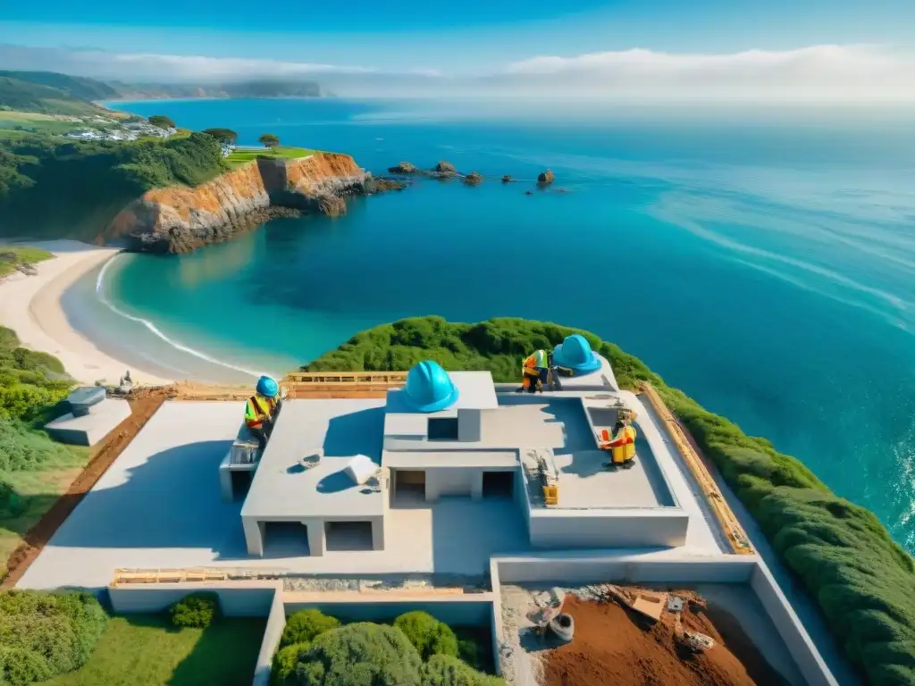Construcción costera: pilares de concreto en acción Equipo de construcción supervisando la colocación de pilares en un sitio costero, con el mar y la naturaleza de fondo