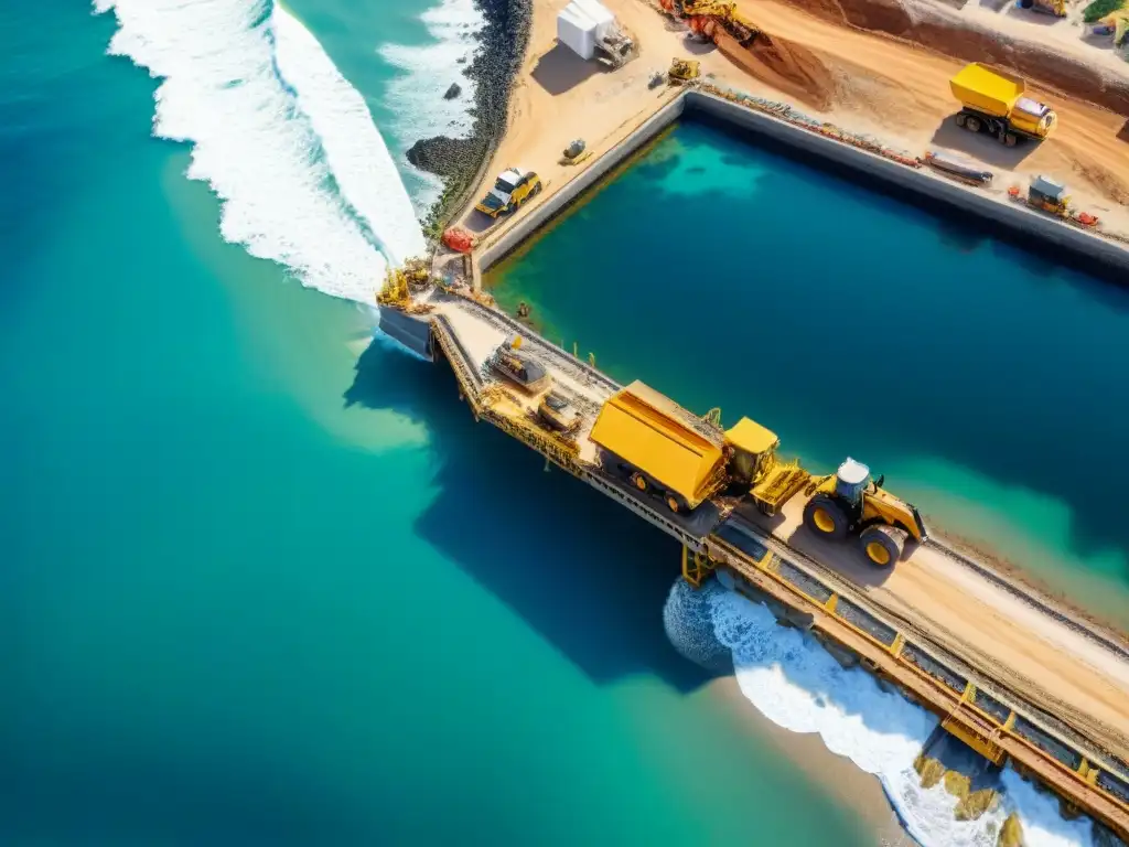 Construcción costera: maquinaria pesada y equipo trabajando junto al mar Equipo trabajando en la construcción de edificio moderno en la costa, requisitos préstamo construcción costa