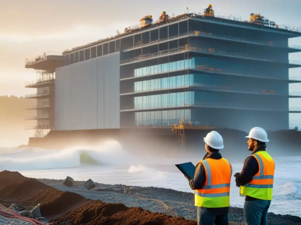 Construcción costera al amanecer: trabajadores en acción Equipo de construcción trabajando en proyecto costero al amanecer