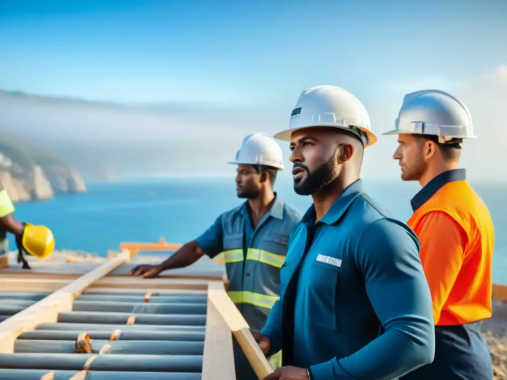 Equipo de construcción en acción junto al mar Equipo de construcción trabajando en un sitio cerca de la costa, demostrando dedicación y trabajo en equipo