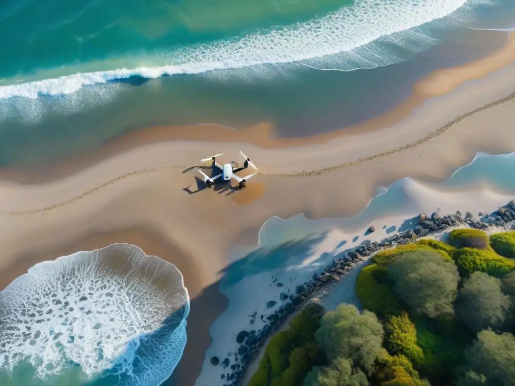 Ingeniería costera: drones y maquinaria restauran playa Equipo de ingeniería costera utilizando drones avanzados para mapear un sitio de erosión en la playa, junto a maquinaria pesada restaurando la costa