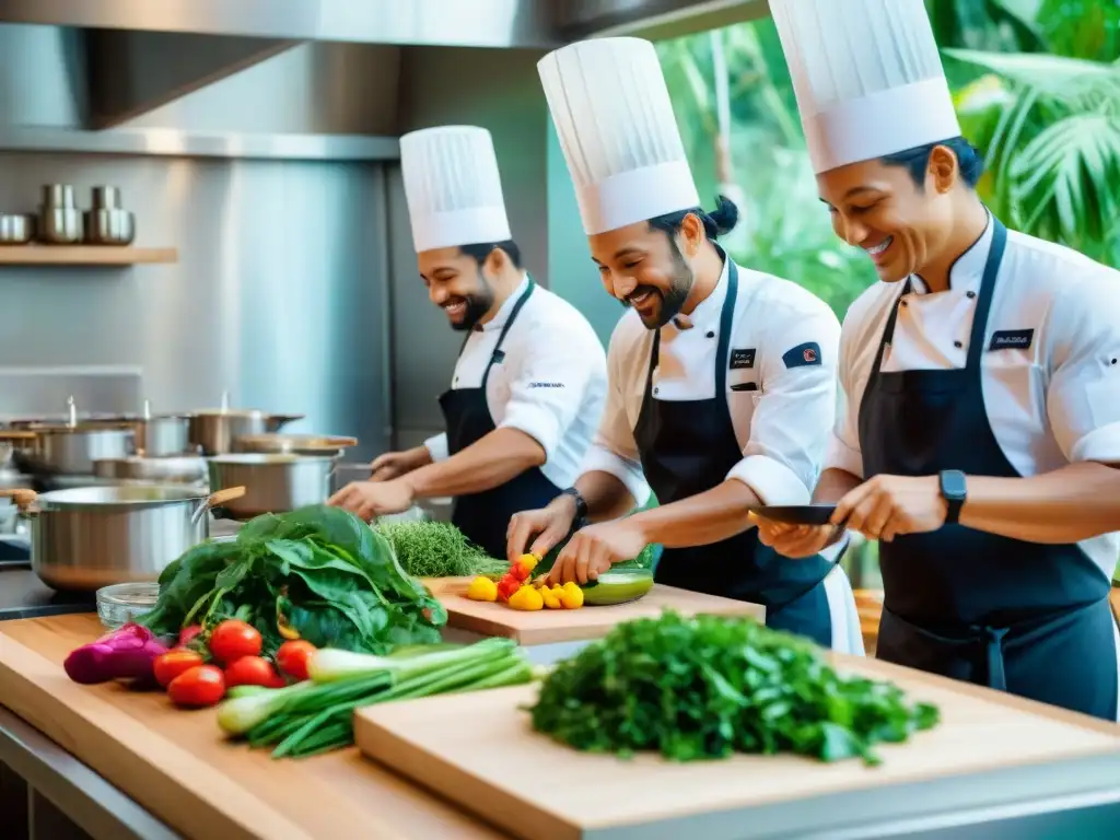 Cocina sostenible: chefs preparando platos coloridos en EcoResorts Un equipo diverso de chefs en la cocina sostenible de EcoResorts, preparando platos coloridos con ingredientes locales