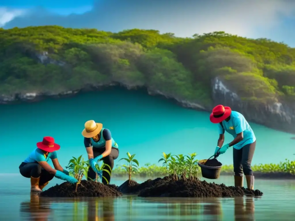 Voluntarios restaurando manglares: comunidad y naturaleza Equipo diverso planta mangles en costa, apoyando restauración ecosistemas costeros turismo
