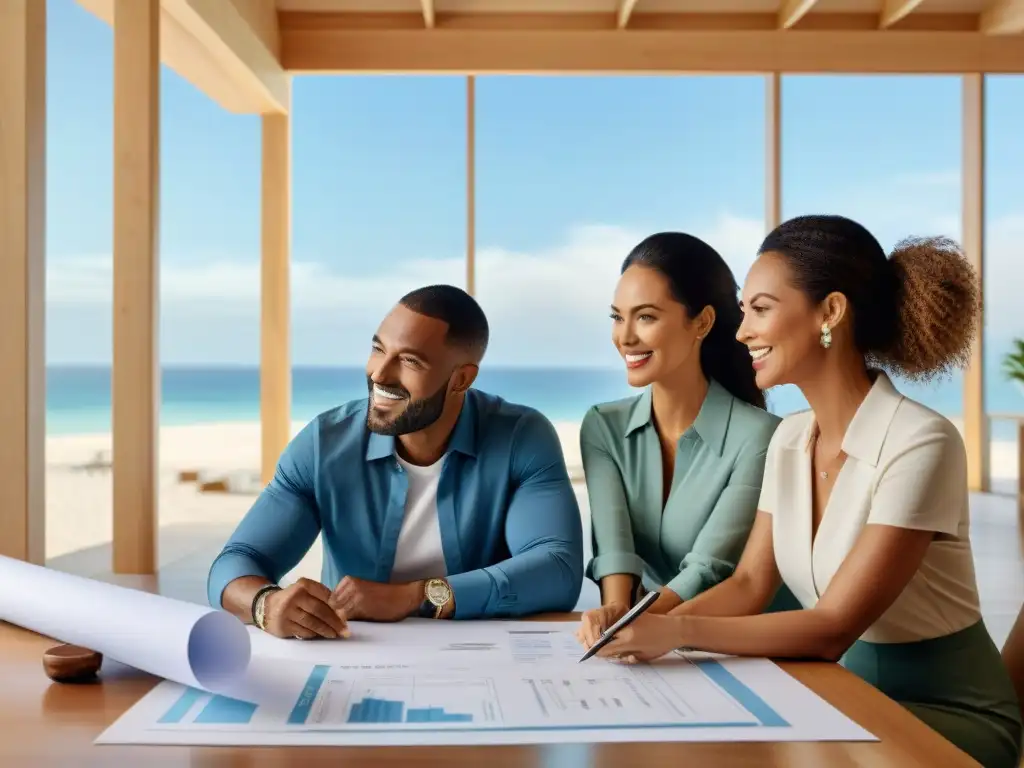 Equipo profesional planifica construcción en la playa Equipo diverso planeando financiamiento para construir casa en playa