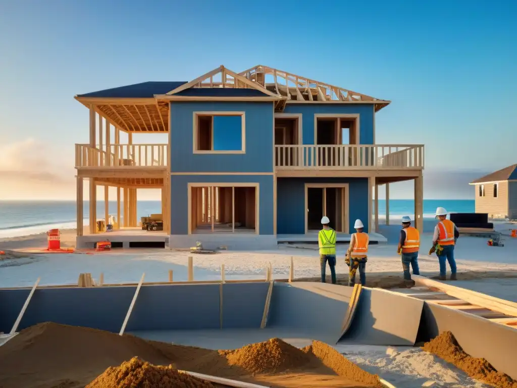 Equipo construye casa costera: detalle y armonía Equipo diverso construyendo hogar costero con financiamiento, mostrando progreso y trabajo en equipo