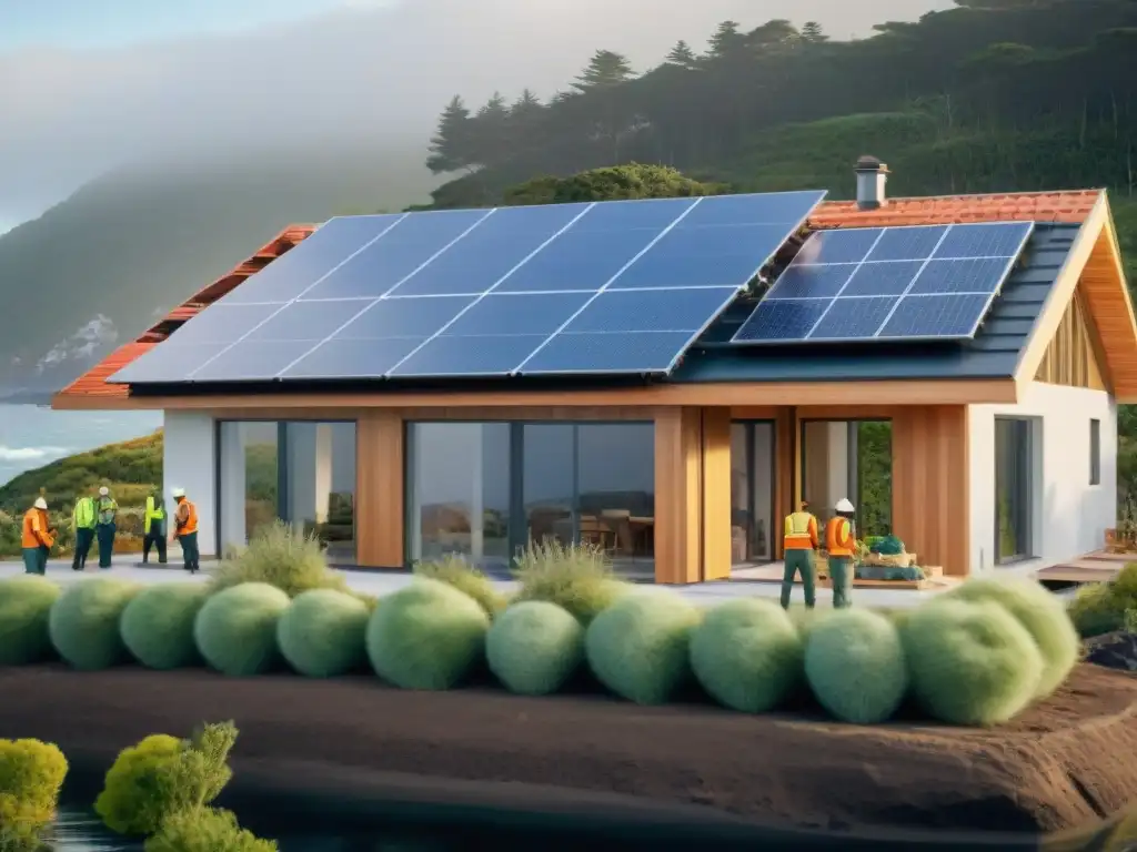 Restauración sostenible de casa costera con diversidad de profesionales Equipo diverso restaura sosteniblemente hogar costero con paneles solares y vegetación nativa