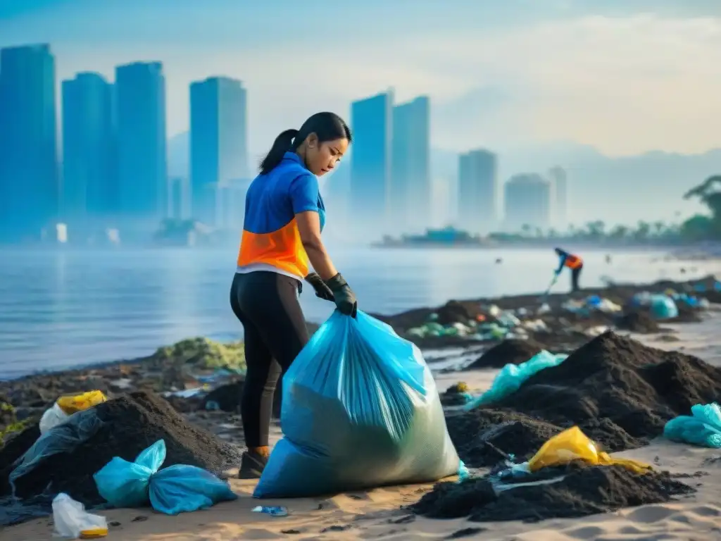 Voluntarios limpiando la playa de Manila Bay: unidos por el medio ambiente Equipo diverso limpia playas contaminadas en Manila Bay para restaurar el paraíso