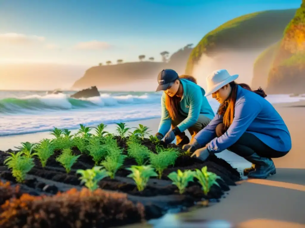 Voluntarios restaurando costa al amanecer: comunidad y naturaleza Equipo diverso planta vegetación nativa en la costa al amanecer