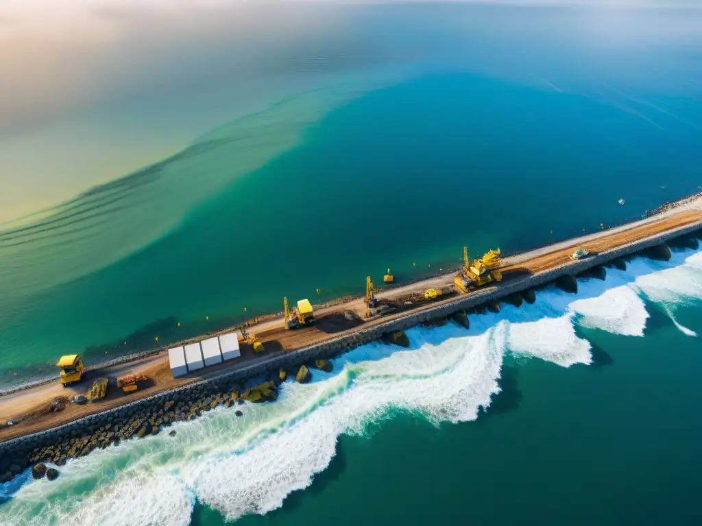 Equipo de construcción en paisaje costero: industria y naturaleza Equipo diverso en obra costera con maquinaria pesada y vista al mar