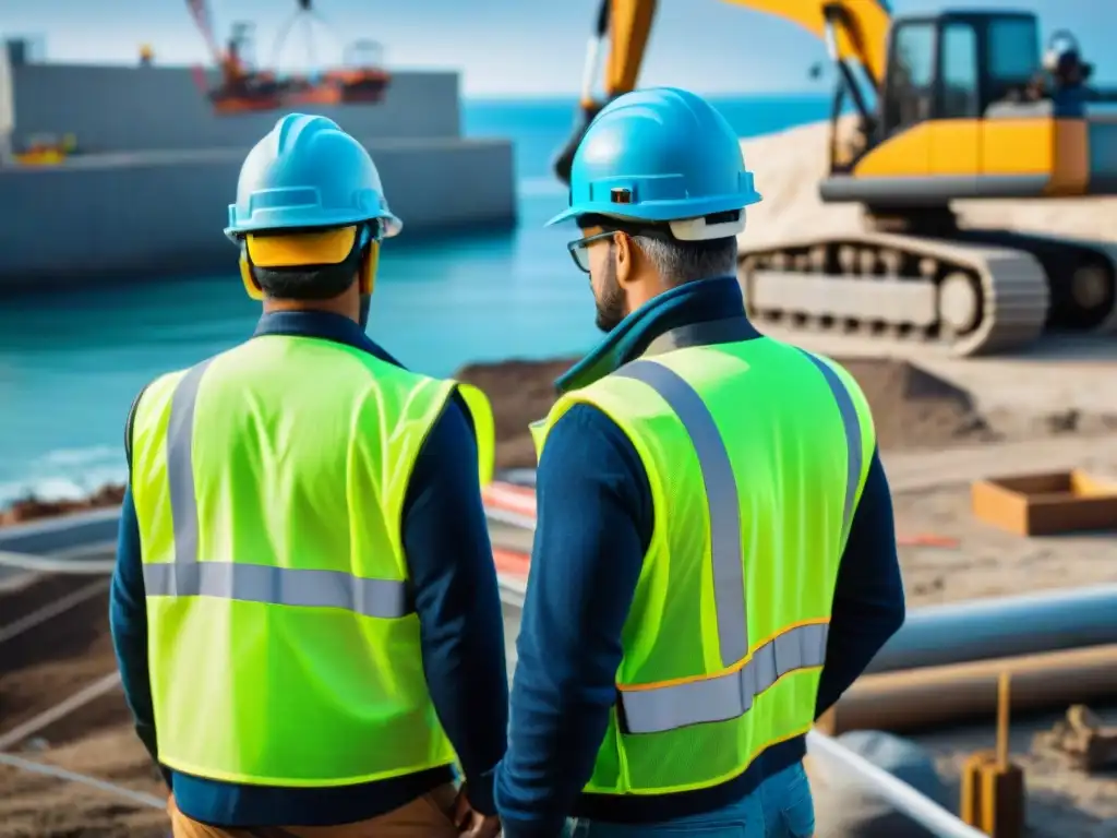 Innovación costera: equipo diverso en obra junto al mar Equipo diverso en obra costera moderna, símbolo de progreso y trabajo en equipo