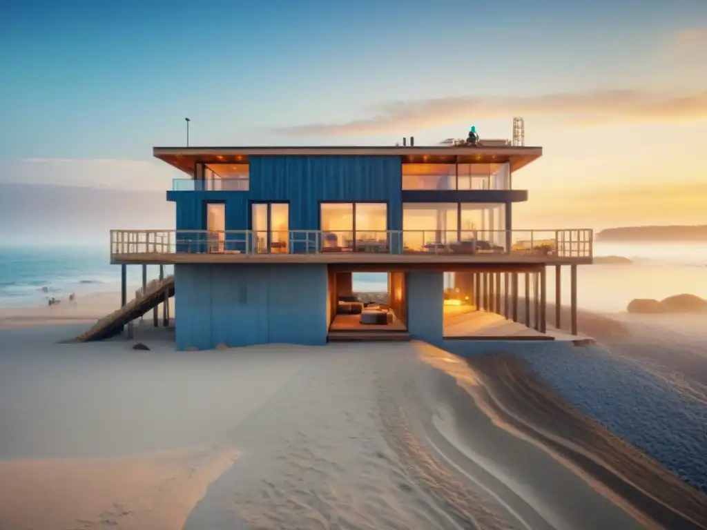 Construcción ecoamigable en la playa al atardecer Equipo diverso construyendo casa eco en la playa al atardecer, simbolizando la armonía entre naturaleza y creatividad humana
