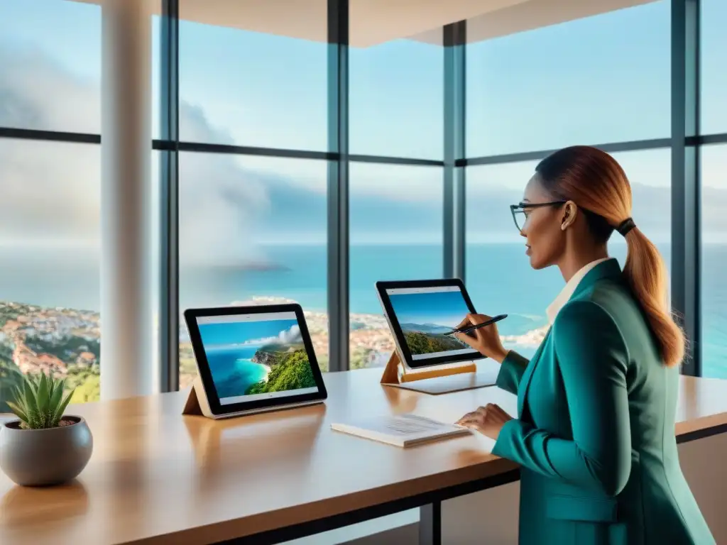 Profesionales inmobiliarios analizan tendencias en mercado costero Equipo diverso de profesionales inmobiliarios analizando tendencias mercado propiedades costeras en oficina moderna con vista a la ciudad