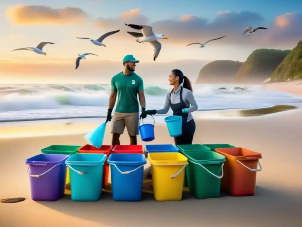 Voluntarios limpiando playa al amanecer: acción comunitaria Equipo diverso de voluntarios limpia playa al amanecer con prácticas sostenibles en eventos costeros