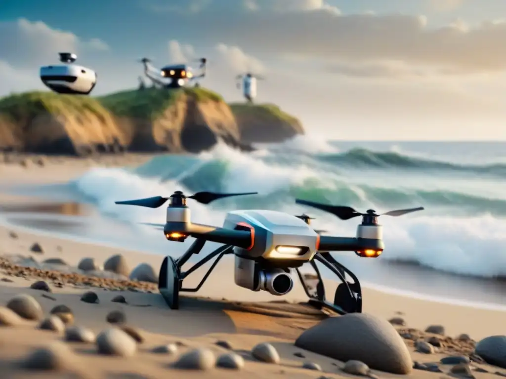 Robótica costera: drones avanzados inspeccionando y cuidando la costa Equipo de drones robotizados inspeccionando y manteniendo propiedad costera