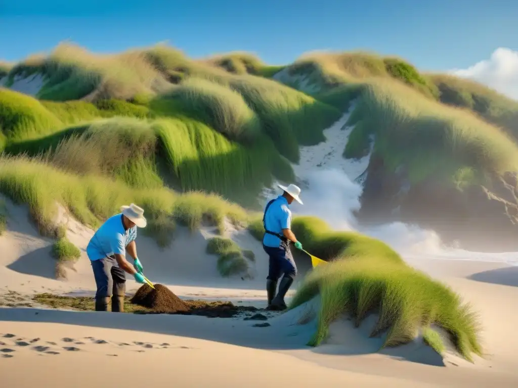 Restauración costera: expertos plantan hierba nativa junto al mar Equipo de expertos plantando hierba nativa en la costa, destacando la restauración sostenible del hogar costero