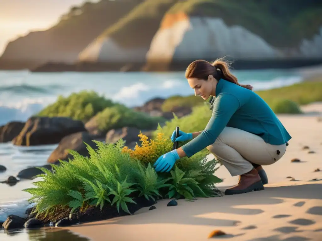 Restauración costera: equipo de expertos trabajando al atardecer Equipo de expertos restaurando propiedades costeras con plantas nativas al atardecer