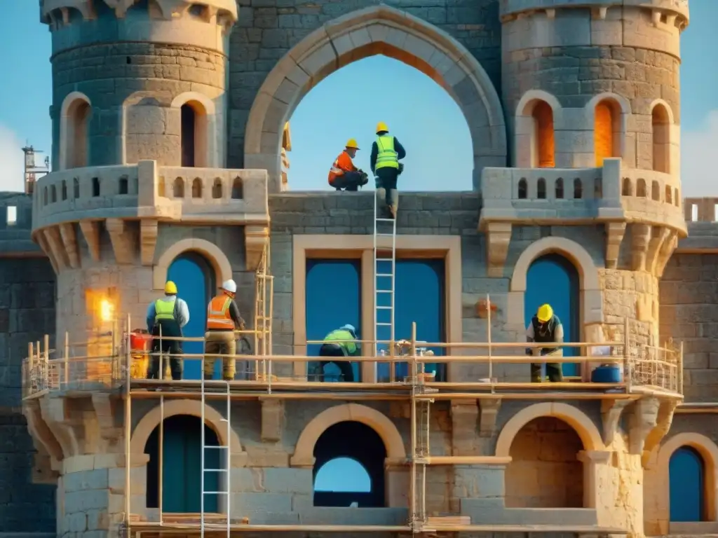 Restauración experta de castillo costero: meticulosidad frente al mar El equipo de expertos en restauración trabaja con meticulosidad en un antiguo castillo costero, resaltando la preservación de estos hitos históricos