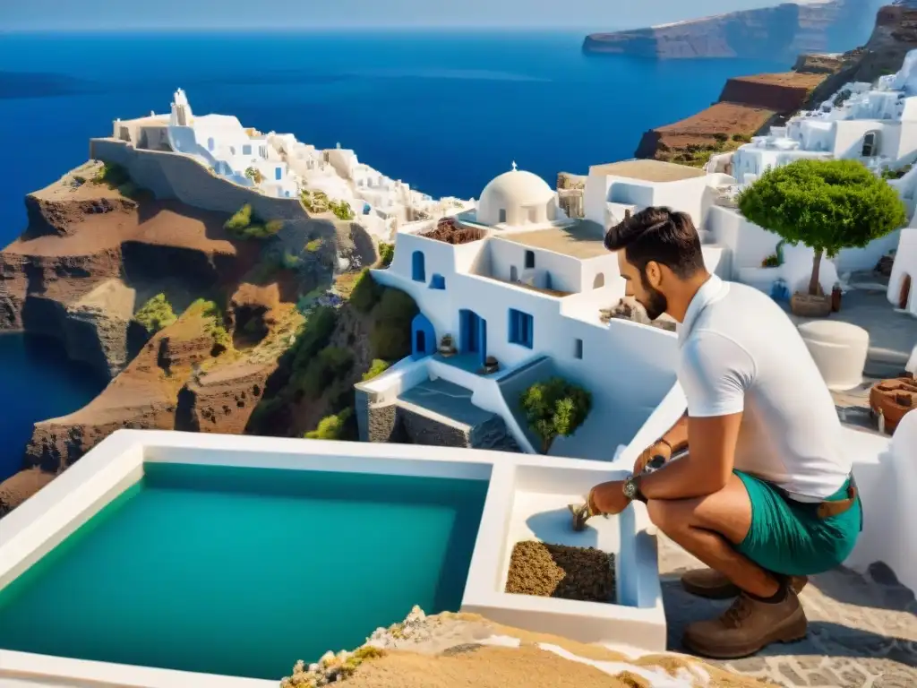 Restauración meticulosa de villa histórica en Santorini Equipo restaurando villa histórica frente al mar en Santorini, Grecia