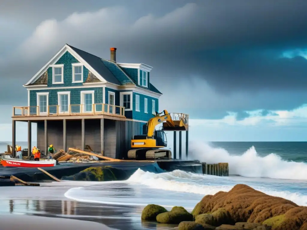 Restauración costera: equipo resiliente reconstruye hogar tras tormenta Equipo restaurando hogar costero tras tormenta, destreza y determinación frente a desafíos climáticos