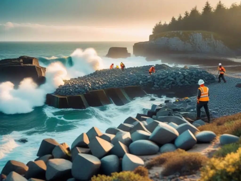 Ingenieros costeros construyendo barrera de rocas para proteger la costa Equipo de ingenieros costeros construyendo una barrera protectora de rocas junto al mar para Protección costera para bienestar humano