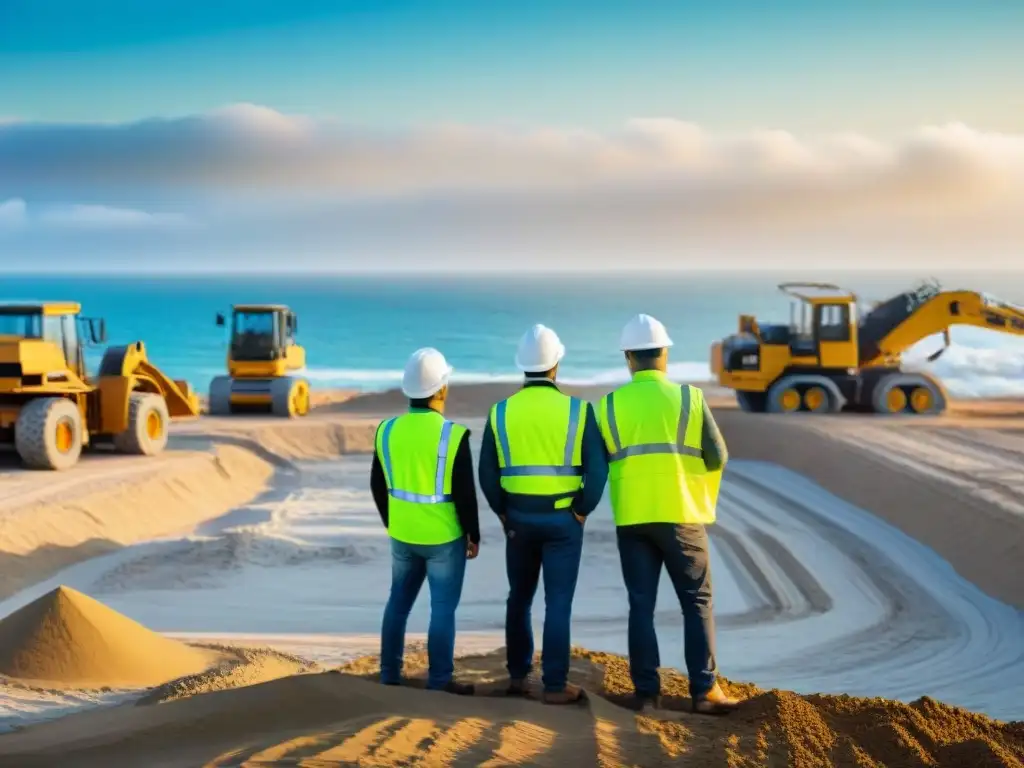 Equipo de ingenieros y arquitectos en obra costera Equipo de ingenieros revisa planos en obra costera bajo el sol, maquinaria pesada en movimiento