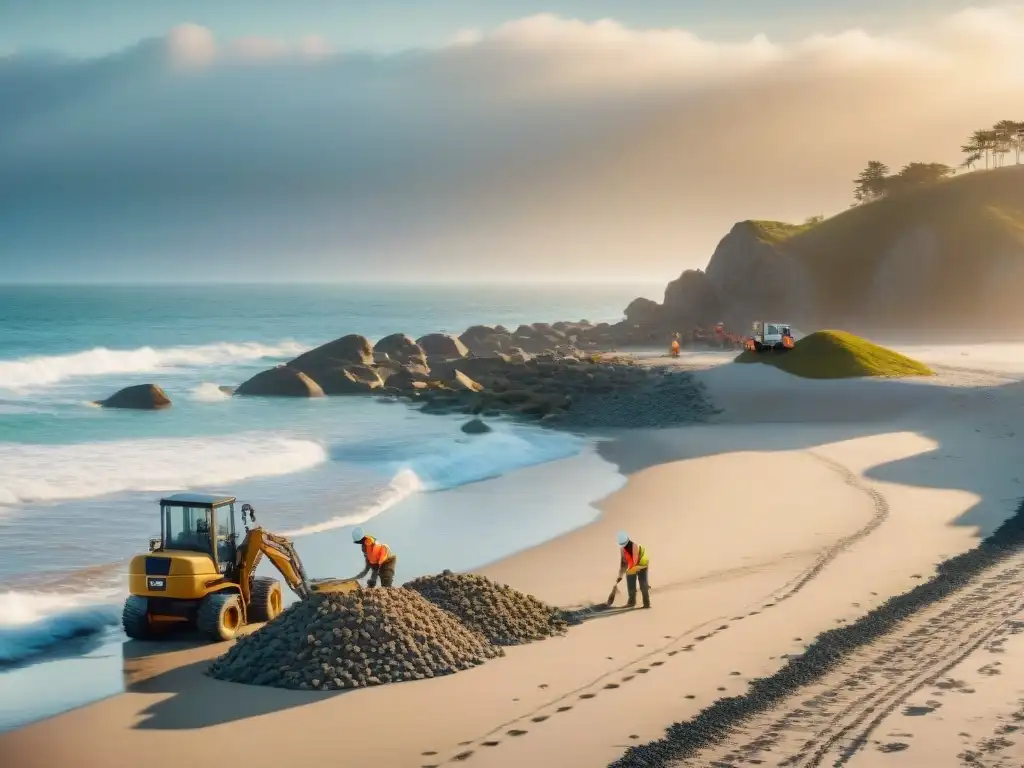 Equipo de ingenieros y obreros fortificando costa al atardecer Equipo de ingenieros y trabajadores construyendo estructuras de protección en la playa al atardecer para la mitigación propiedades frente mar