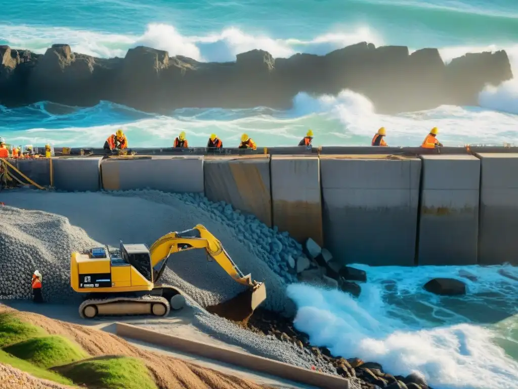 Equipo de ingenieros y obreros reforzando muro costero Un equipo de ingenieros y trabajadores construyendo un muro costero, reforzando la estructura con maquinaria pesada