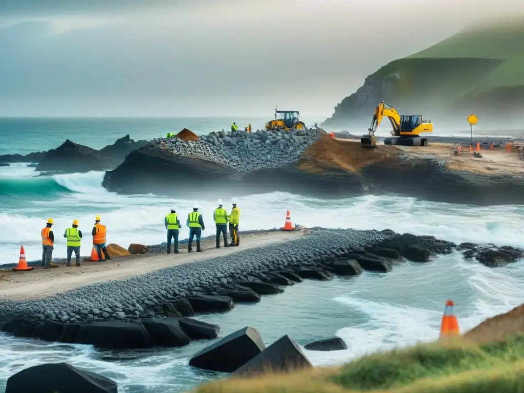 Equipo de ingenieros y obreros refuerzan costa con rocas y barreras Equipo de ingenieros y trabajadores refuerzan propiedad costera con rocas y barreras de concreto