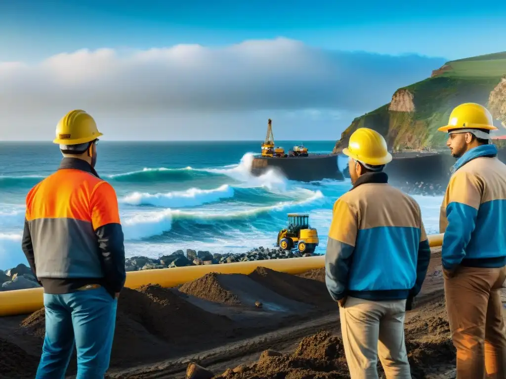 Ingenieros y obreros trabajando en proyecto costero Un equipo de ingenieros y trabajadores en un proyecto costero, con maquinaria pesada y el mar de fondo
