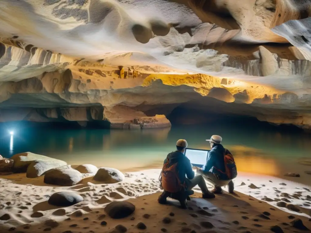 Exploración y conservación: documentando arte rupestre en cueva costera Equipo de investigadores documentando pinturas rupestres en cueva costera, resaltando la importancia ecológica de cuevas costeras