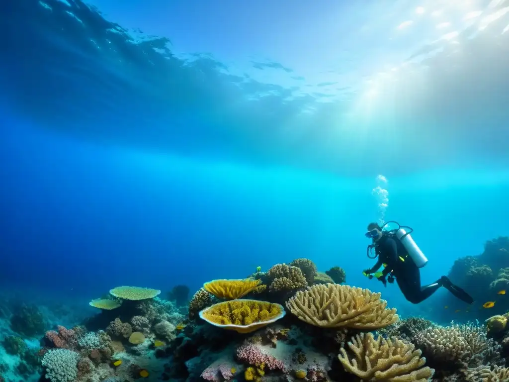 Equipo de biólogos marinos investigando arrecifes de coral Un equipo de biólogos marinos investiga en un arrecife de coral, con aguas azules y vida marina diversa