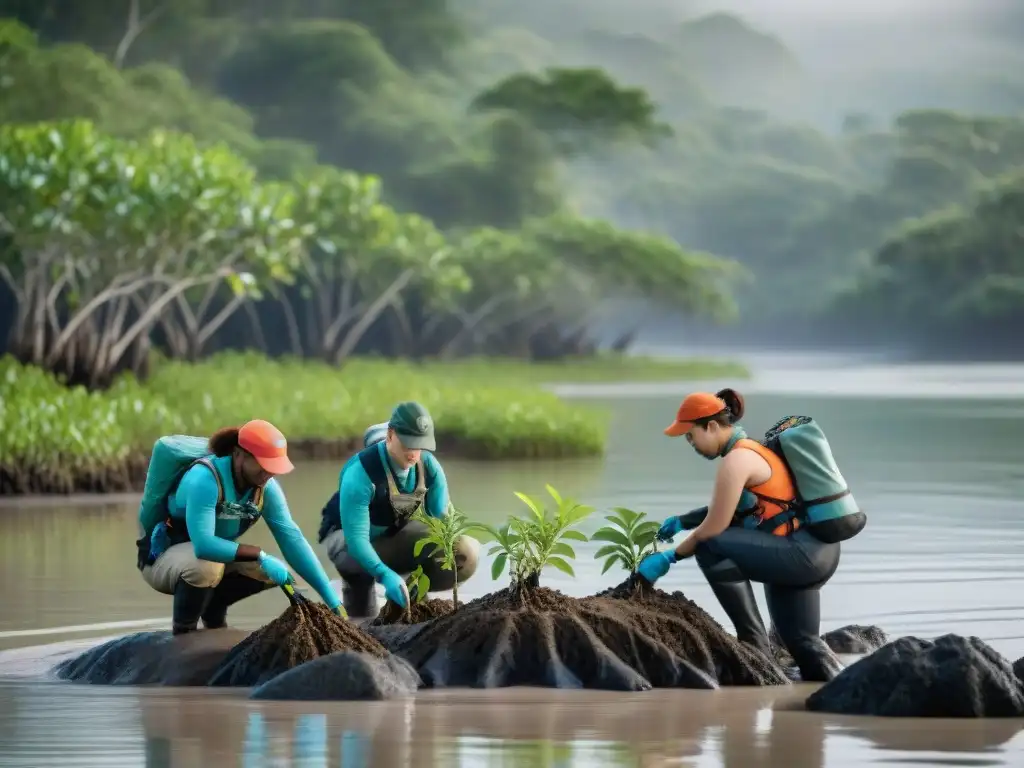 Restauración costera: científicos plantan manglares Equipo de biólogos marinos y científicos ambientales plantando mangles en la costa