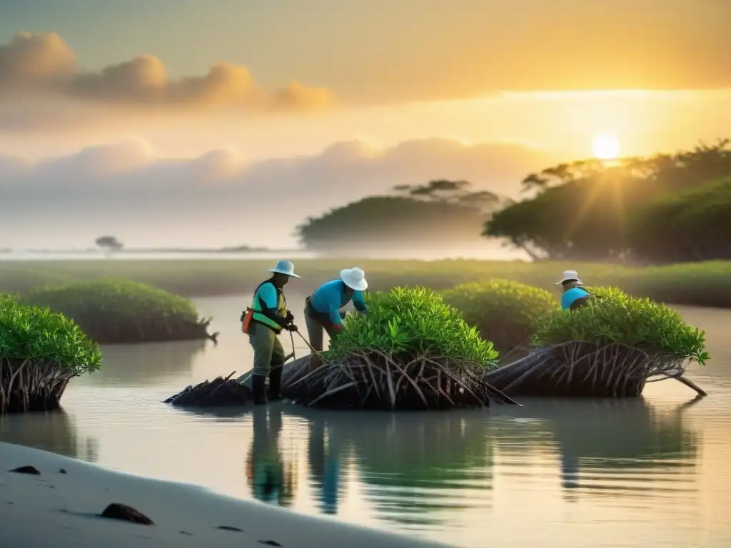 Equipo de conservacionistas plantando manglares al atardecer Equipo de biólogos marinos y conservacionistas plantando mangles al atardecer en una costa