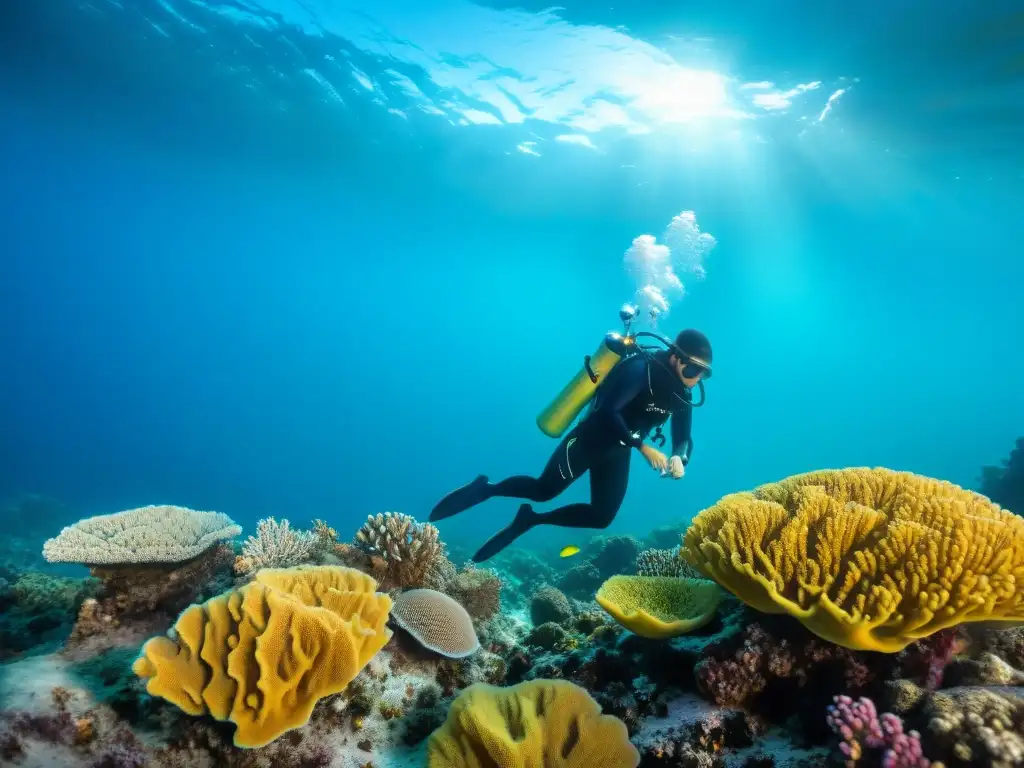 Equipo de biólogos marinos restaurando arrecife con corales vibrantes Equipo de biólogos marinos restaura coral en arrecife dañado