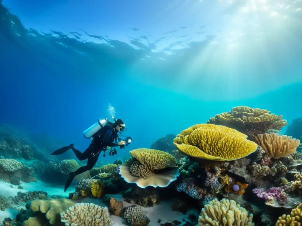 Equipo de biólogos marinos en acción en arrecife de coral vibrante Un equipo de biólogos marinos en acción documentando datos y tomando muestras en un arrecife de coral vibrante