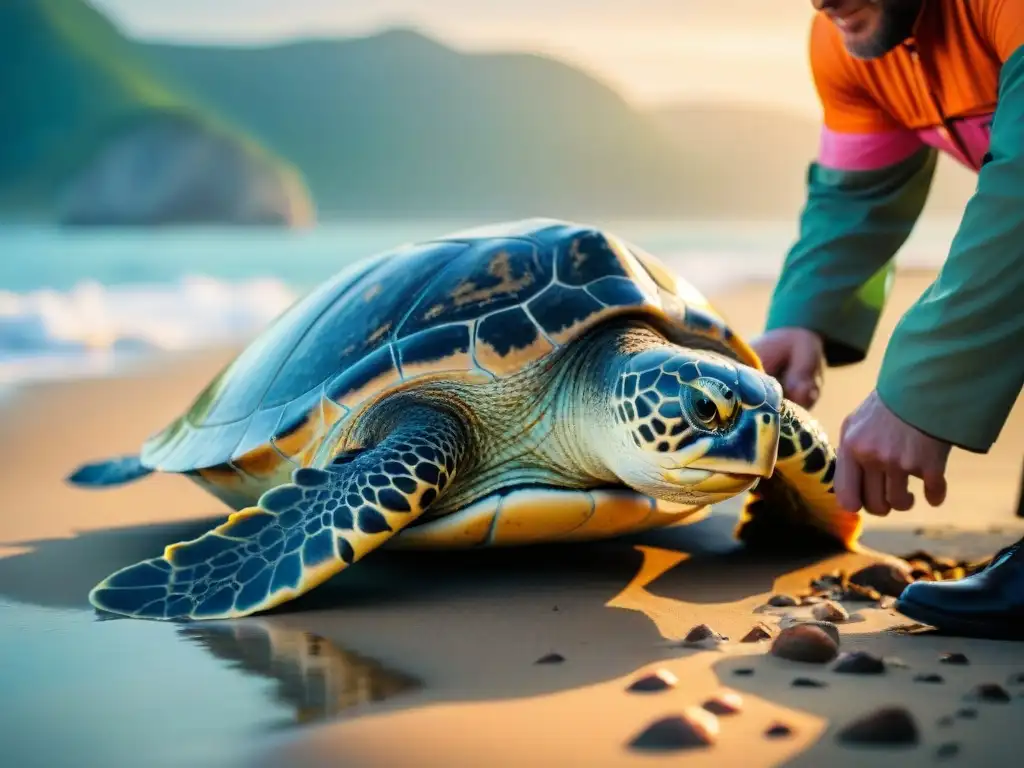 Equipo de biólogos marinos liberando tortugas marinas al atardecer Un equipo de biólogos marinos libera tortugas marinas al mar al atardecer, simbolizando la armonía entre proyectos turísticos conservación costas mar