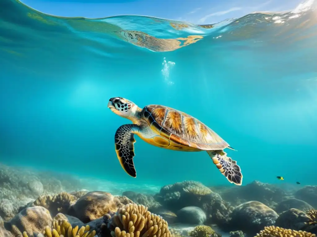 Emotiva liberación de tortugas marinas rehabilitadas en aguas cristalinas Un equipo de biólogos marinos libera tortugas marinas rehabilitadas en aguas turquesa cristalinas, rodeadas de vida marina y arrecifes de coral