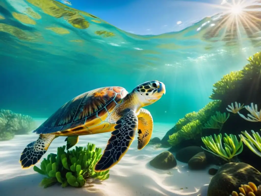 Conservación marina: liberación de tortugas en arrecife coralino Un equipo de biólogos marinos libera tortugas marinas en arrecife, en un acto de conservación marina proyectos colaboración costas