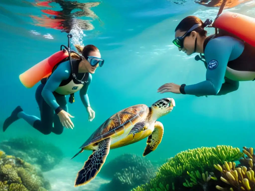 Equipo de biólogos marinos liberando tortugas marinas en ecosistema costero Un equipo de biólogos marinos libera tortugas marinas en aguas turquesas, rodeados de vida marina y manglares