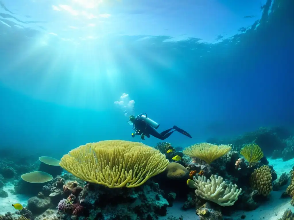 Restauración de arrecife de coral: labor dedicada en el Caribe Equipo de biólogos marinos y voluntarios restaurando arrecifes de coral en el Caribe, rodeados de vida marina colorida